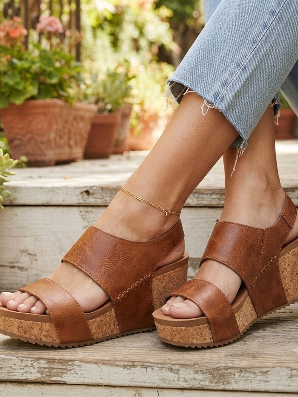 Volatile Evita Whiskey Cognac Leather Double-Strap Espadrille Wedge Sandals Sz 8